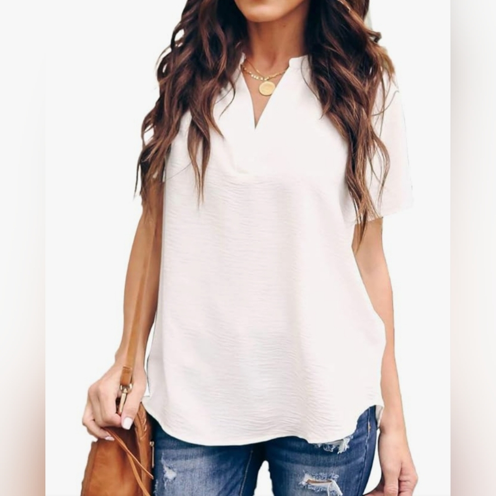 Elegant White Short Sleeve  Blouse, L